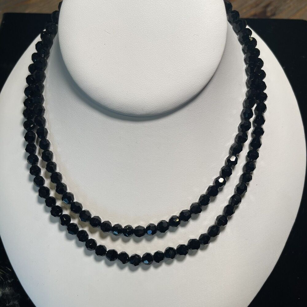 Vintage Faceted Jet-Black Glass Bead Necklace 30” Length Rhinestone Closure